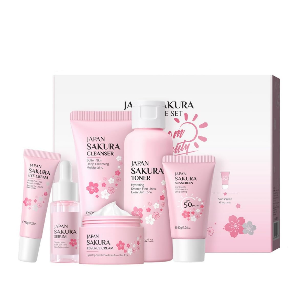 Skin Care Set for Face Moisturising Nourishing and Oil-Resistant for All Skin Types Ideal as a Gift for Women Beauty Gift with Mini Travel Size Sakura 6 Pieces