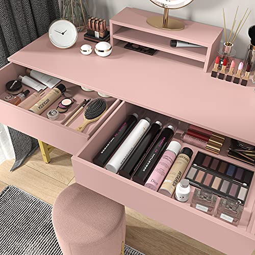 Westree Women Makeup Vanity Desk With 2 Drawers - Bedroom Home Office Desk, Wooden Height Monitor Stand & Storage Shelf Without Mirror, Pink Table Great Gift For Her #TOP2