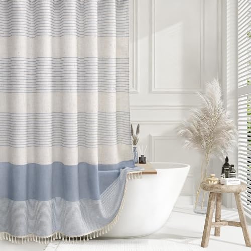 XOGUIBO Light Blue Shower Curtain Linen Coastal Ocean Striped Shower Curtains for Bathroom with Tassel 72 X 72