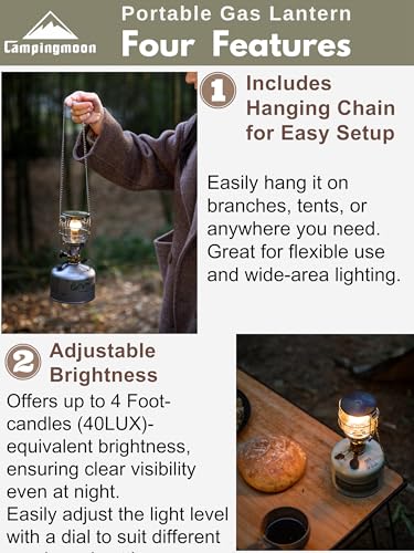 CAMPINGMOON Mini Gas Camping Lantern with Hanging Chain & Hard Case – 80W Equivalent Brightness, Adjustable Dial, Outdoor Portable Butane Lamp for Hiking, Backpacking, Emergency, Tent Lighting T-4 - image 3