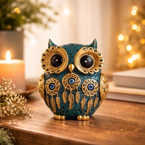 Image of Owl Showpiece for Home Decor, Resin Figurine with Gold Detailing, Lucky Evil Eye Owl Statue for Living Room, Office & Gifting (Blue)