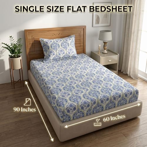 Image of Mafatlal Grace Cotton Single Bedsheet Combo Pack of 2 with Pillow Covers | 180 TC Premium Soft Cotton | Contemporary Printed Single Bedsheets | Royal Blue & Powder Blue