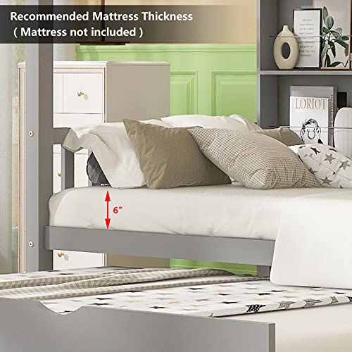Twin-House-Bed-with-Trundle-Montessori-Platform-Bed-Frame-with-Headboard-and-Storage-Shelves-Wood-Playhouse-Bed-with-14-Fence-for-Kids-Girls-Boys-Gray-775-L-x-421-W-x-681-H Twin House Bed with Trundle Montessori Platform Bed Frame with Headboard and Storage Shelves Wood Playhouse Bed with 14 Fence for Kids Girls Boys Gray 775 L x 421 W x 681 H