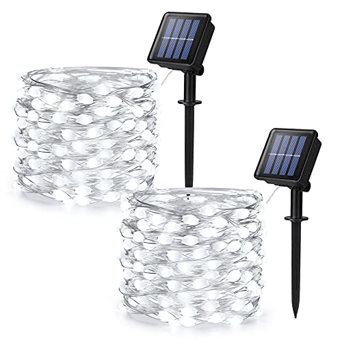 Brizled Solar Fairy Lights, 2 Pack 33ft 100 LED Super Bright Large Lamp Beads Solar String Lights Outdoor Waterproof, 8 Modes Solar Twinkle Light, Fairy Solar Lights for Garden Patio Party, Cool White