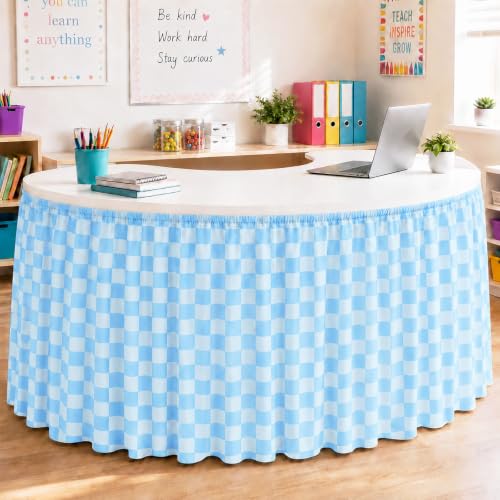 Image of 9FT Blue Checkered Table Skirt Ruffle Colorful Teacher Desk Skirts for Classroom Decorations Rectangle Table Cover Skirt for Back to School Party Supplies Kindergarten Office Dorm Bookcase Cabinet