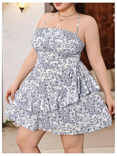 Image of Floerns Women's Plus Size Ditsy Floral Print Halter Neck Summer Cami Mini Dress Blue and White 1XL