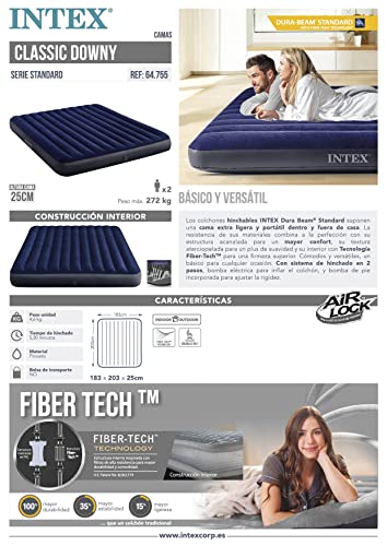 Intex 64755 - Luftmatratze Doppelbett Kingsize Dura-Beam Classic Downy, Aufblasbare Matratze mit Ventil, Geeignet für 2 Person, PVC, Blau, 183x203x25 cm