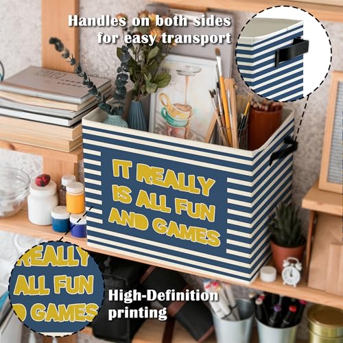 Image of Funny Kids Nursery Playroom Storage Bins Box with Handles, It Really is All Fun and Games Blue Striped Collapsible Basket Organizer for Boys Toddler Kids Bedroom Bathroom Books Clothes
