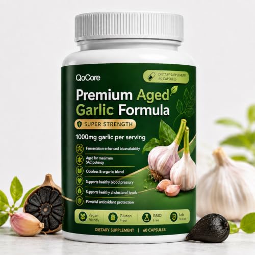 FINDING FERDINAND Qocore Aged Black Garlic 1000mg Per Serving with SAC Heart & Circulation Support Softgels High Potency Odorless Non-GMO Gluten-Free 15:1 Odorless Garlic Extract Formula