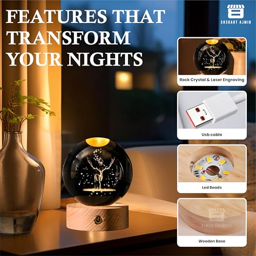 Image of 3D Deer Crystal Ball Night Lamp, LED Glass Ball Table Lamp with Wooden Base for Home Decor, Office, Birthday Gift (Deer)