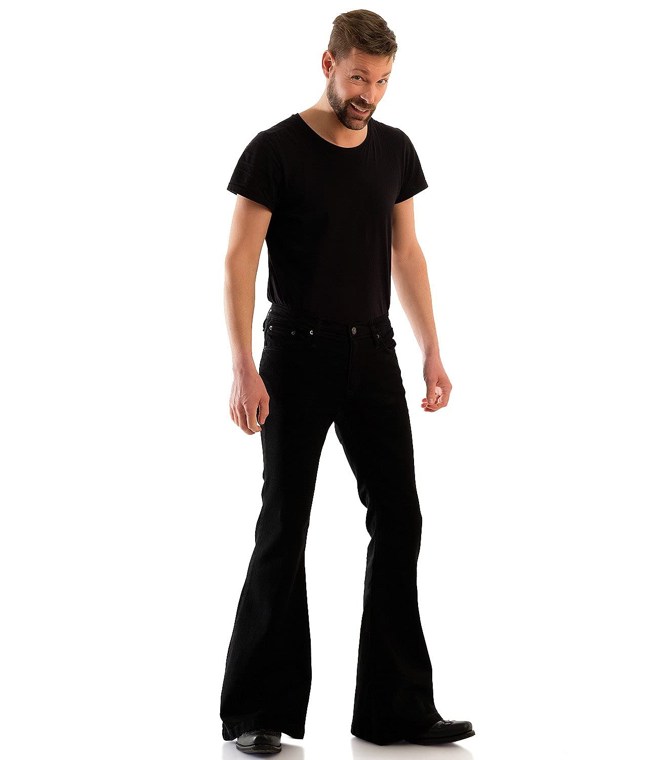 Comycom Herren Jeans Schlaghose BlackBlack schwarz - Dunkle Flared-Jeans für Männer im Retro 70er-Jahre Style, Hippie Bootcut-Jeans mit großem Schlag
