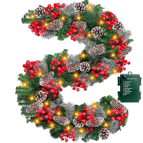Timer 8 Mode - 9Ft by 10 Inch Prelit Christmas Garland with 50 Warm Lights,Thick 270 Snowy Tips 70 Red Berry 10 Pinecone Battery Operated Real Touch Cedar Xmas Garland Door Mantle Indoor Outdoor