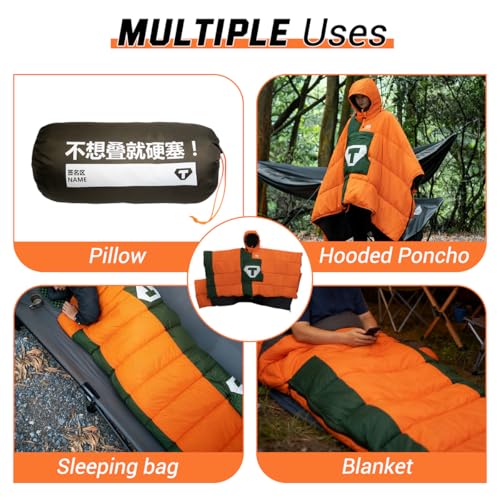 Bolsa de Dormir Convertible Poncho con Capucha, 14°F a 50°F, Usable para Camping y Senderismo, Impermeable, Ligera, Compacta para Mochilero miniatura 6