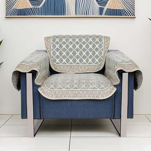 Image of Premium Chenille Woven Anti-Slip 1 Seater Sofa Cover with Arm Rest | L-Shape Sofa Seat Protector for Living Room | Durable & Stylish Slipcover - Teal