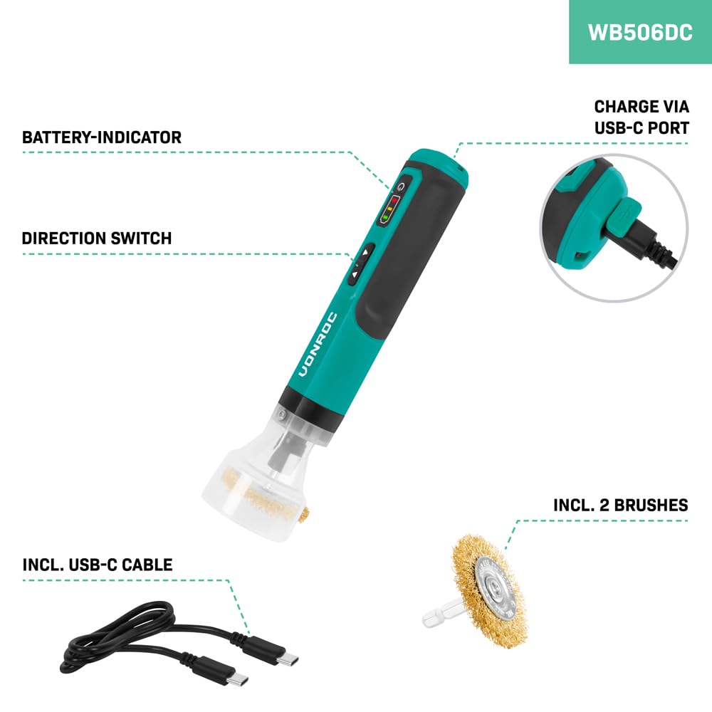 VONROC Brosse électrique pour Mauvaises Herbes 4 V – INCL. USB-C – Ergonomique et légère – Poils en Acier – sans substances Chimiques – Idéal pour Les Jardins