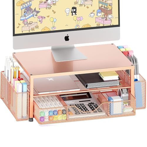 OPNICE Desk Organizers and Accessories, 2-Tier Computer Monitor Stand with Drawer and 2 Pen Holders, Office Desk Accessories for Office Supplies, Rose Gold