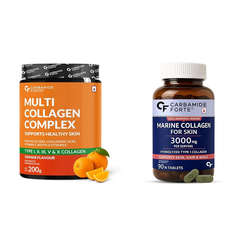 Carbamide Forte Hydrolyzed Multi Collagen 5x Powder Orange Flavor - 200g & Hydrolyzed Marine Collagen Supplements Type 1-90 Tablets-image-49