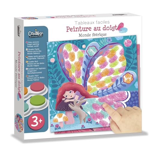 Créa Lign’ | Peinture au Doigt - Monde Féerique | Activité Manuelle dès 3 ans | 6 Tableaux à Décorer + 1 Encreur 4 Couleurs Lavable + Chevalet | Peinture Facile et Propre pour Enfants