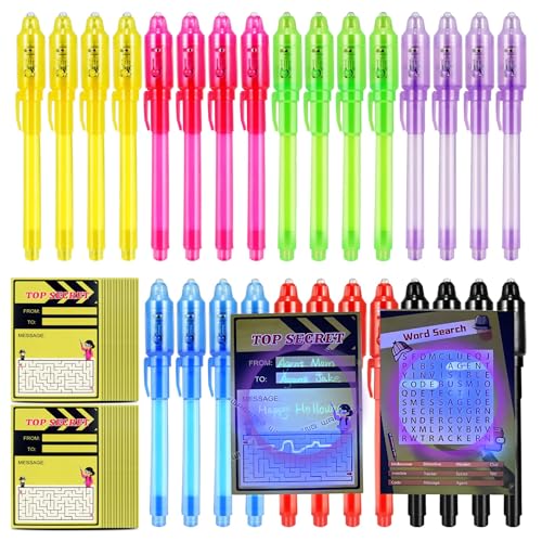 28 Pcs Invisible Ink Pens with UV light for kids, Word Search & Maze Activities Cards Included, Education & Party Favors, End of School Year Gift, Birthday,Halloween, Christmas, Goodie bag stuffers