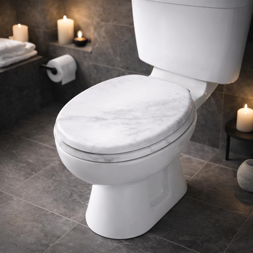 Wooden Toilet Seat with Unique Design 18 Inch MDF Wood Toilet Seat Replacement Bathroom WC Seat Easy to Clean Fixing Included. (White Marble Effect)