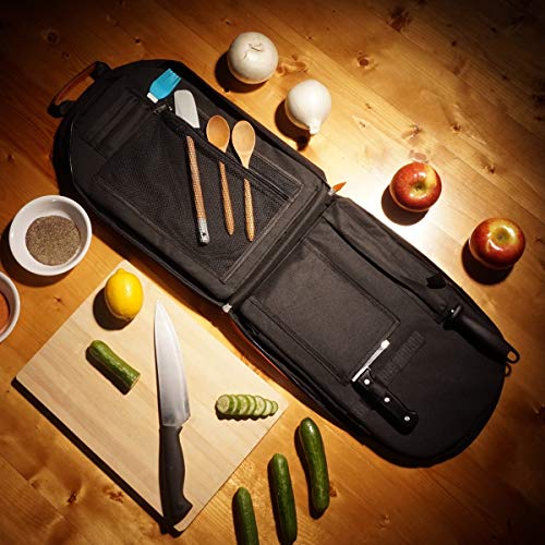 Chef Knife Sling Bag Case | 21+ Pockets for Knives & Kitchen Utensils | 2 Large Pockets for Tablet & Notebooks | FORTIFIED BALLISTIC NYLON (Black) - Thumbnail 5