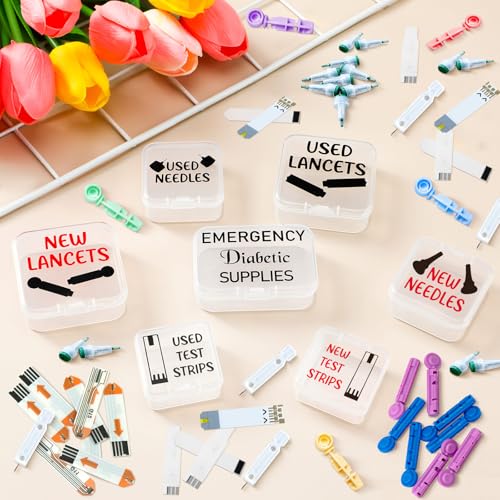 Weysat 7 pcs Small Diabetic Travel Supply Small Lancet Storage Containers Diabetes Travel Case Test Strips Storage Container Needle Disposal Mini Plastic Box for Diabetic Supplies