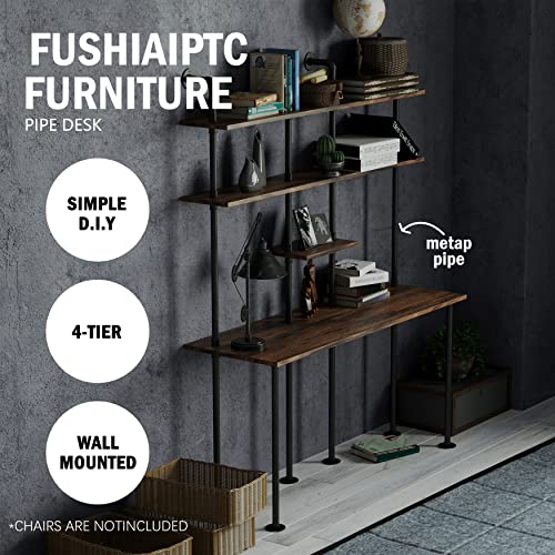 Fushiaiptc 74-Inch H Industrial Wall Mount Desk, Ladder Floating Computer Desk With 4-Shelf Larger Pipe Table With Storage For Home Office Study Desk Bookcase （W:59Inch） #TOP4