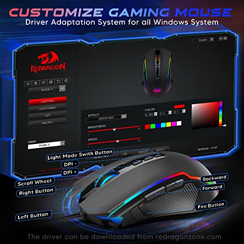 Redragon Gaming Mouse, RGB Gaming Mouse Wired with 9 Programmable Macro Buttons, Chroma RGB Backlit, 8000 DPI Adjustable, PC Gaming Mice with Fire Button for Windows/Mac, Black, M910-K - Image 3