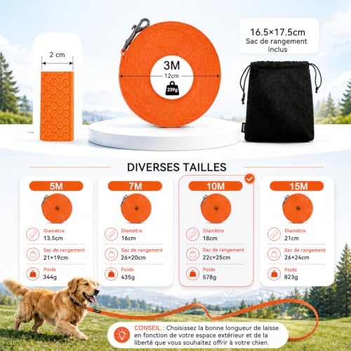 Looxmeer Longe pour Chien, 3 m/5m/7m/10m/15m/20m/25m/30m, Laisse Chien avec Poignée et Sac de Rangement, Laisses Étanches pour Chiens de Dressage de Toutes Tailles, Laisse Longue Robuste (Orange) – vue 8