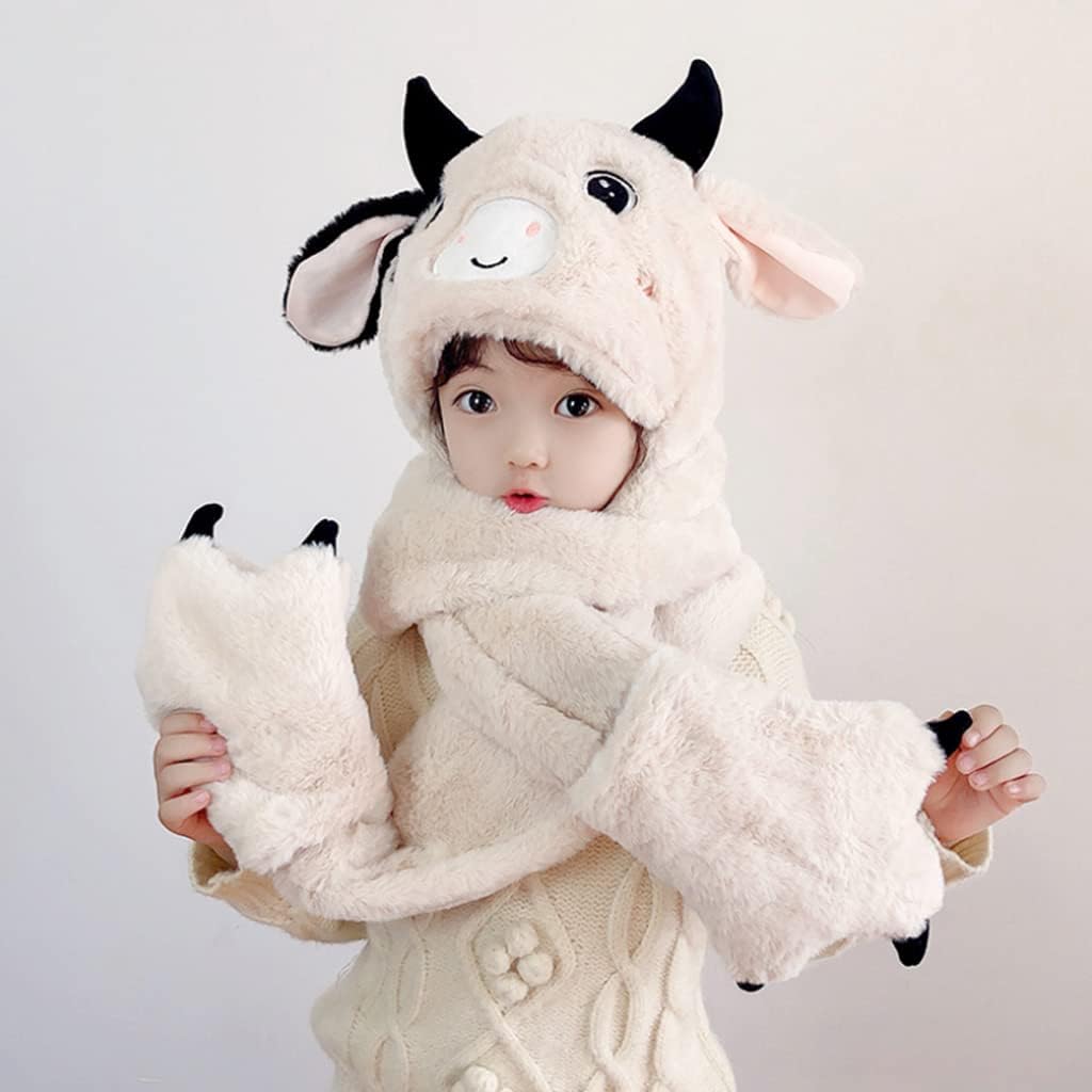 Scarf,Cow Plush Hat Scarf Gloves Mitten Ear for Beanie Hat in Cold Weather Coldproof for Winter Daily Wear Go to Scarf(White)