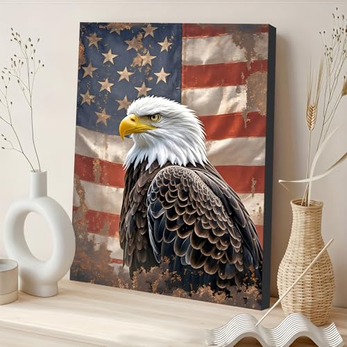 Image of Framed Vintage Bald Eagle American Flag Wall Art, Patriotic Rustic Canvas Art Pictures, USA Eagle Wall Decor, Made in USA Ready to Hang for Office Man Cave