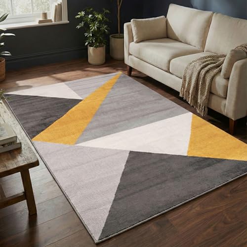 VIMODA Teppich Wohnzimmer Schlafzimmer Flur Teppich Geometrisches Muster Gelb, Maße:80x150 cm