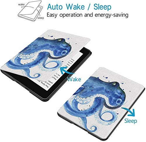 QIYI Cover Fits All-New Kindle Paperwhite Water-Safe Fabric 10th Gen 2018 Leather Cases Kids Accessories Ereader Protective Sleeves Shock Absorption - Blue Octupus Painting