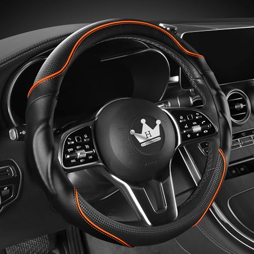 HighnessHwoo 3D Car Steering Wheel Cover Comfort Grip Massage Sporty Anti-Slip Carbon Fiber Faux Leather for F150, Trucks, Jeep, Van, Car Handle Covers for All Seasons, 39-41cm, Orange