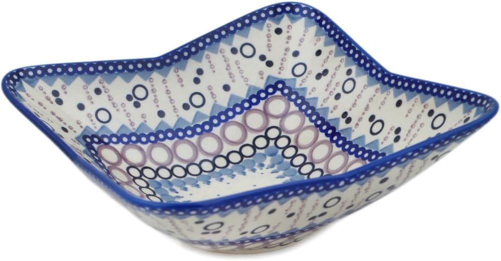 Polmedia Polish Pottery Square Bowl 9-inch UNIKAT - Abstract Eruption Pattern Handmade in Boleslawiec Poland + Certificate of Authenticity