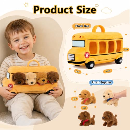 Image of OUOZZZ Dog Stuffed Animals Set with Plush School Bus, 5-Piece Puppy Toys | 4 Golden Retriever Stuffed Animals, Kindergarten Toys, Travel Toys for Kids