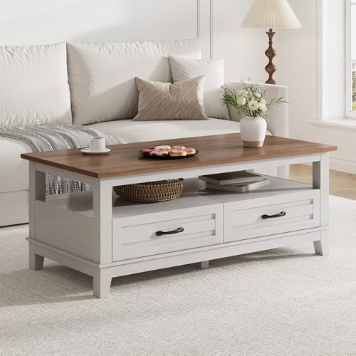 Image of Garvee 47.24" Coffee Table with 2 Solid Wooden Drawers, Rustic Farmhouse Living Room Table with Open Storage Shelf, Sturdy Center Table with Waterproof Wood Grain Top for Living Room, White and Brown