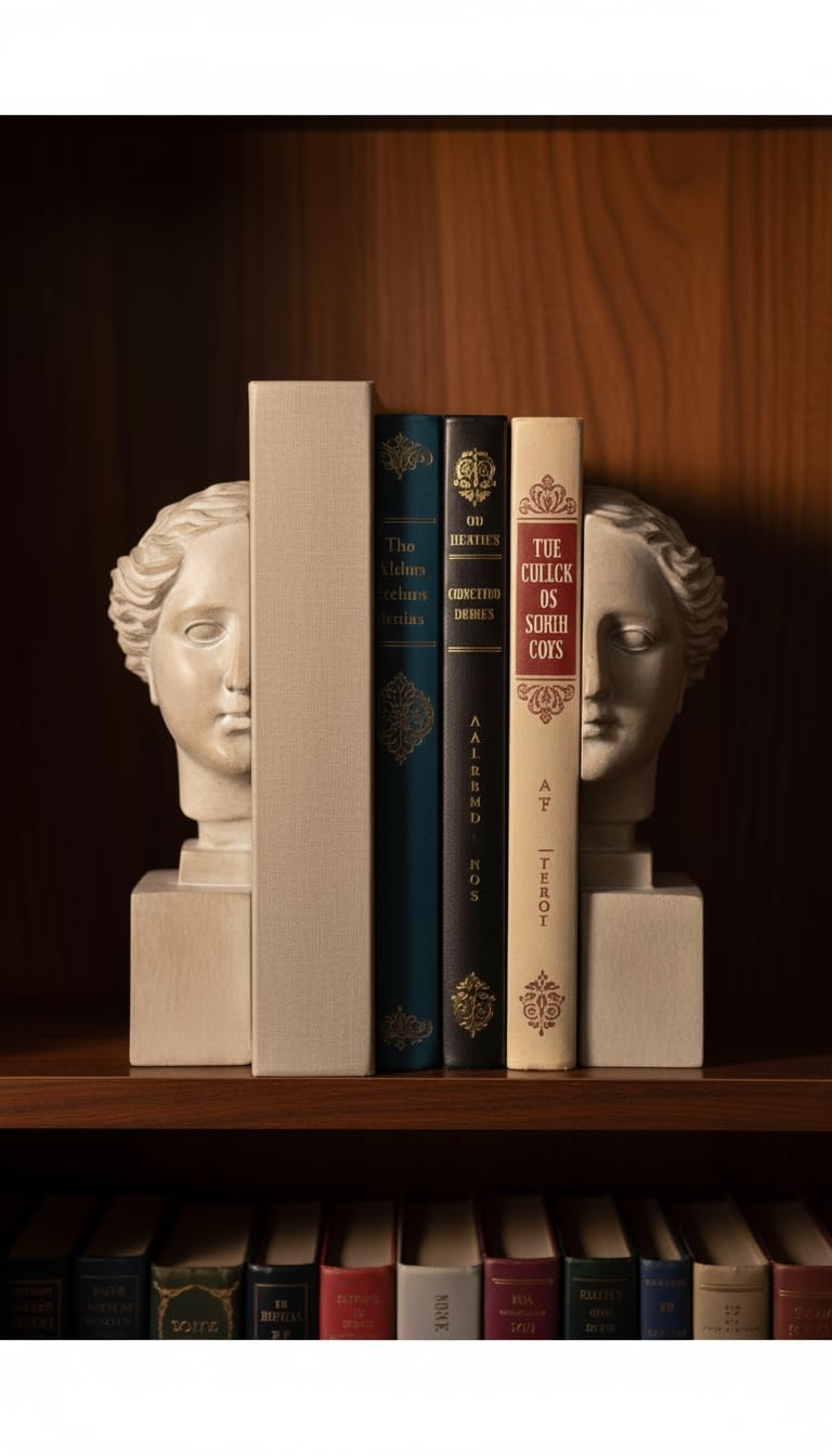 Set 2 Serre-Livres Décoratif Buste Grec Tête Romaine Femme Résine Blanche Cassée Elégant 21 cm
