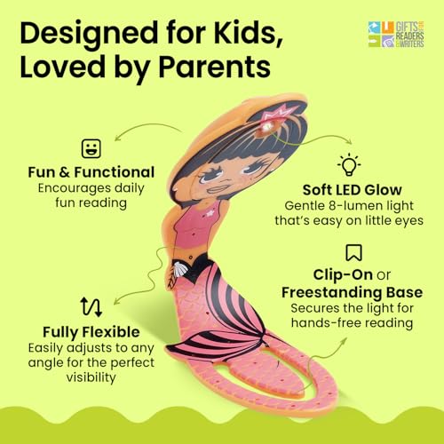 Image of Gifts for Readers & Writers Bookmark Reading Light Mermaid Pink - 2in1 Clip On Bookmark Kids Light for Reading in Bed, Travel Cute Lights, 8 Lumen LED