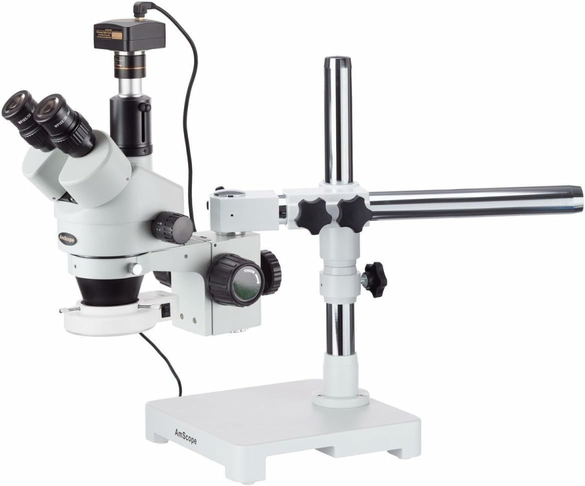 AmScope SM-3T-54S-M Digital Professional Trinocular Stereo Zoom Microscope, WH10x Eyepieces, 7X-45X Magnification, 0.7X-4.5X Zoom Objective, 54-Bulb LED Light, Single-Arm Boom Stand, 110V-240V, Includes 1.3MP Camera with Reduction Lens and Software