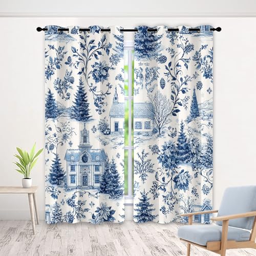 Générique Rideau Toile de Jouy - Lot De 2 à Oeillets, Fleur Arbre Rural Rétro Rideaux Occultant Opaque, Thermique Isolant Anti Froid, pour Fenêtre de...
