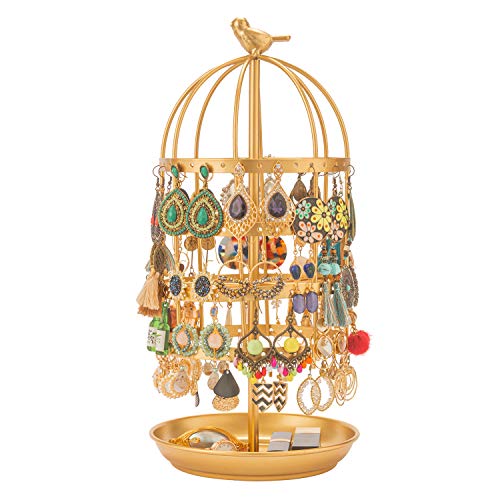 4 Tier Earring Stand Rotating Earring Holder Gold Earring Organizer Rack Hanger Bird Cage Jewelry Display Stand Holder Organizer Tower with Tray/Dish for Earrings Bracelet Rings 128 Holes (Gold)