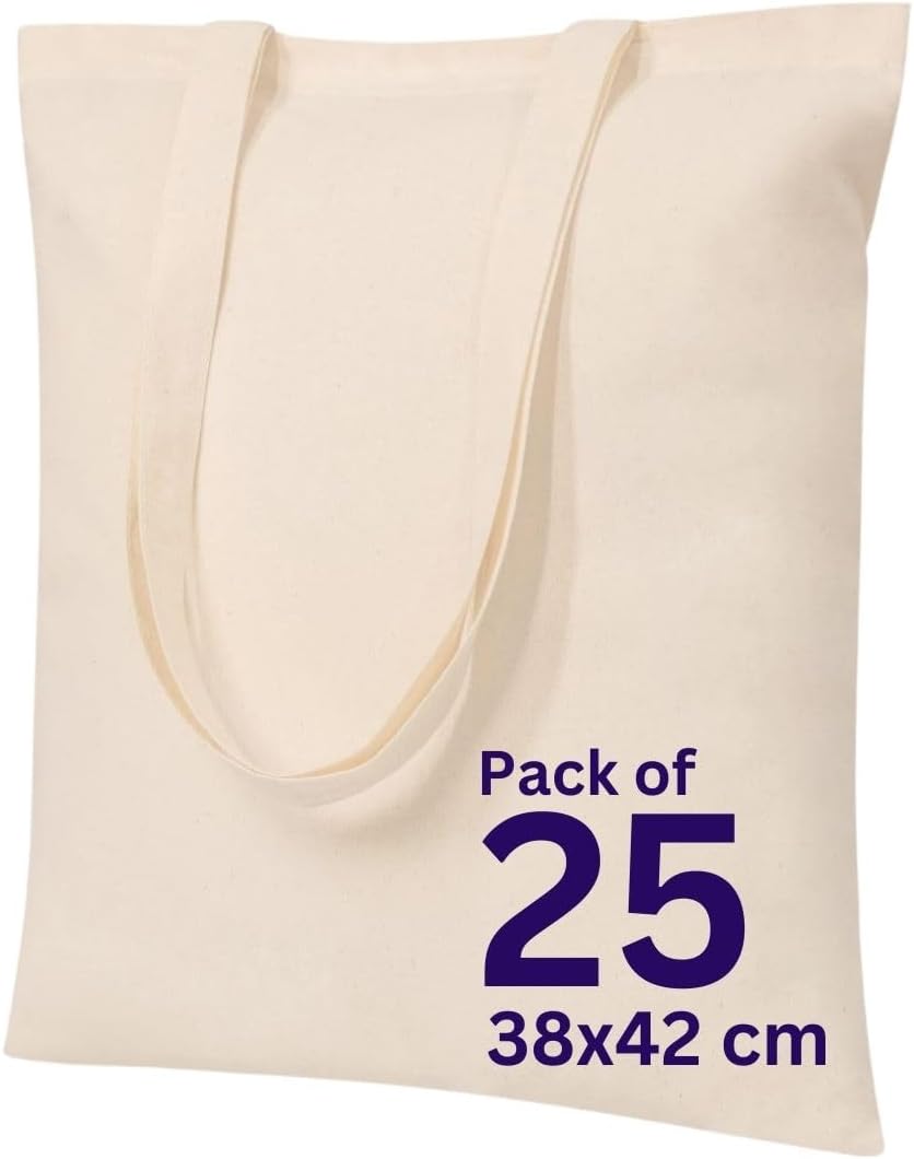 100% Cotton Canvas Bags for Grocery, Plain Tote Bags to Decorate, eco-friendly Canvas Reusable blank Tote Bags made with Premium Quality Fabric - Size 38x42cm+65cm long Handle