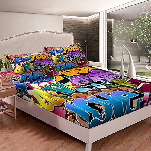 Loussiesd Graffiti Style Fitted Sheet Kids Hip Hop Bedding Sheets for Boys Girls Children Lovely Youth Illustration Bed Sheet Set Street Culture Bed Cover Bedroom 4Pcs Bedding King - Image 2