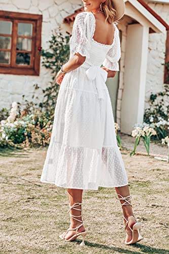 Merokeety Women's White Dress Summer Square Neck Puff Sleeve Boho Midi Dress Swiss Dot Ruffle Flowy Tie Back Dress, White, Xl #TOP1