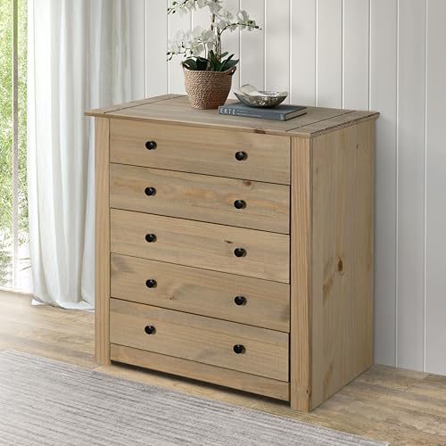 Image of Mews Panama 5 Drawer Chest of Drawers Solid Pine Wood with Waxed Oak Finish