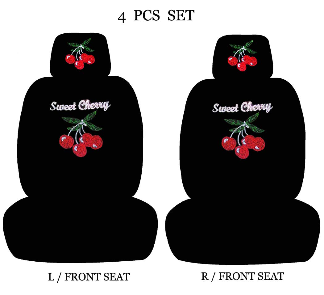 ALLBrand Universal Fit Car SUV Truck Crystal Bling Rhinestone Studded Black Low Back Front Bucket Seat Cover with Headrest Covers - 4 Pcs Set (Sweet Cherry-Black)