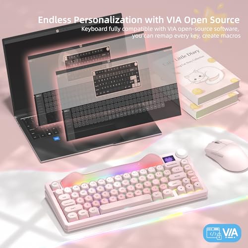 Image of Womier K80 75% Wireless Mechanical Keyboard with Screen and Knob Keyboard | Pink Cat Creamy Bluetooth Gaming Keyboard,RGB /Hot Swappable /PBT Keycaps,QMK /VIA Programmable for Mac /PC,Pink