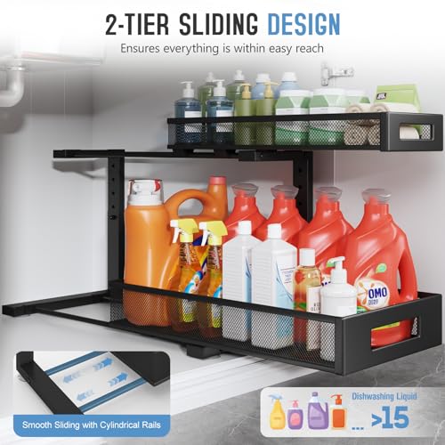 Image of 2 Pack 19IN Depth Under Sink Storage Organizer, Large 2-Tier Elegant Mesh Pull Out Shelf for Kitchen and Bathroom Cabinet Organization, L-Shaped and Adjustable Height Design-Black