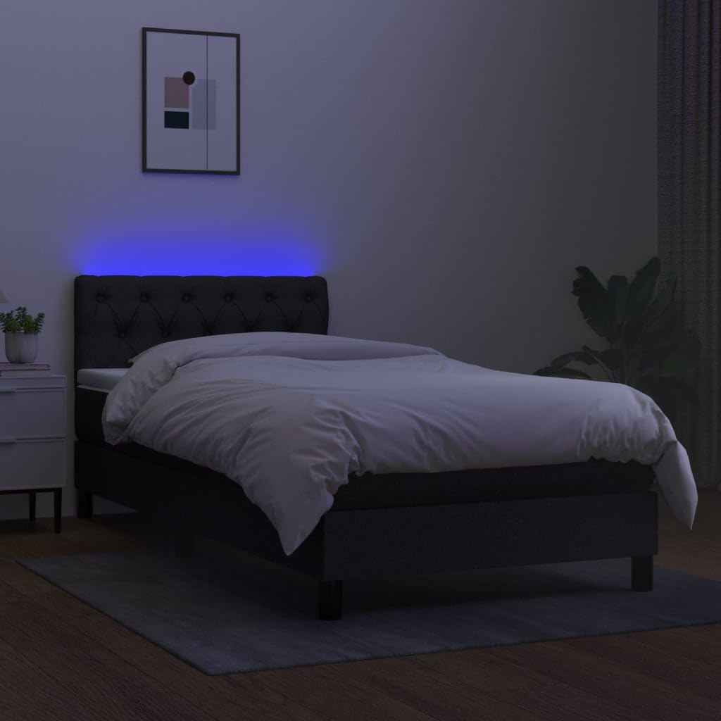 Sommier à lattes avec matelas LED Noir 80x200cm Tissu Lit complet ensemble réglable tête de lit bande lumineuse RGB matelas ressorts ensachés surmatelas mousse 5cm chambre adulte guest house